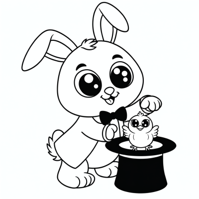 Bunny magician coloring page showing a rabbit in magician outfit pulling a baby chick from a top hat