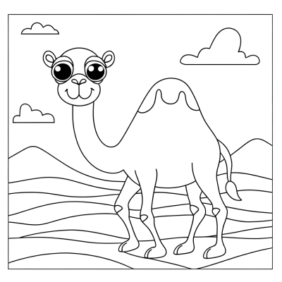 Coloring page of a Bactrian camel with two humps walking through desert sand dunes