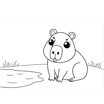 Coloring page illustration of a capybara sitting peacefully by water