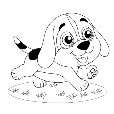 Cartoon-style happy beagle puppy with floppy ears running in a field coloring page