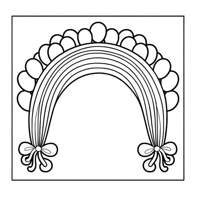 Cartoon-style rainbow balloon arch coloring page with multiple balloons arranged in an arc