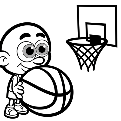 Cartoon basketball player shooting free throw at hoop coloring page