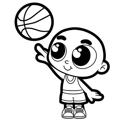 Cartoon basketball three-pointer shot coloring page showing ball in mid-flight