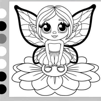 Coloring page of a beautiful cartoon fairy with delicate wings sitting on a flower