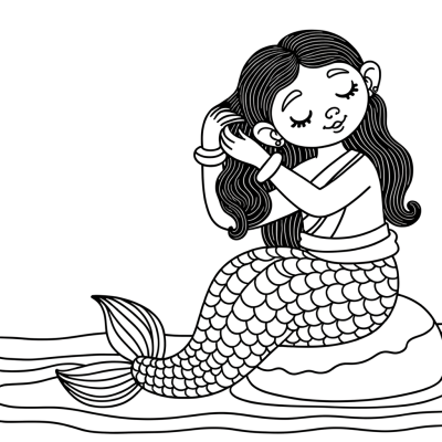 Cartoon mermaid sitting on rock combing long hair coloring page