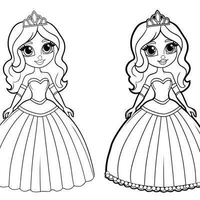 Coloring page of a cartoonlike beautiful princess in an elegant ballgown with tiara