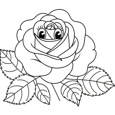 Cartoon rose coloring page with detailed petals and leaves outline drawing