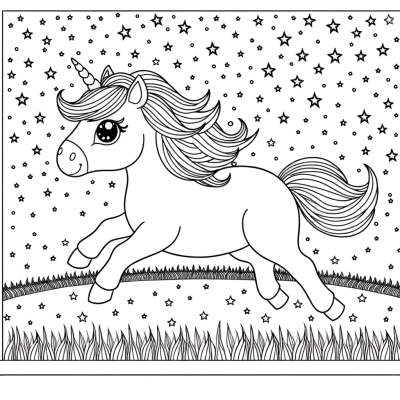 Cartoon unicorn galloping through a starlit field coloring page