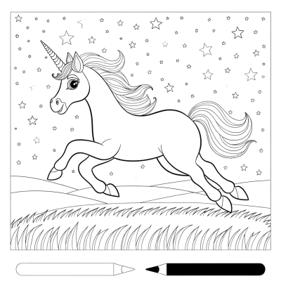 Coloring page of a cartoon unicorn galloping through a field under a starry night sky