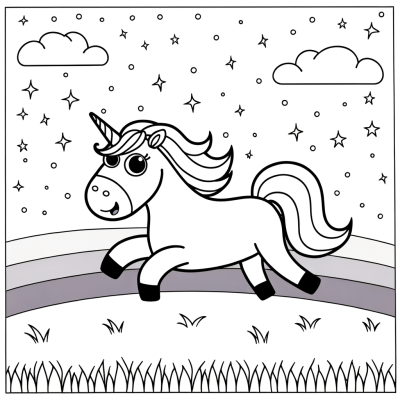Coloring page of a cartoon unicorn galloping through a field under a starry night sky