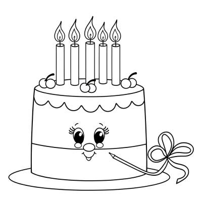 Cartoon birthday cake coloring page with lit candles on top