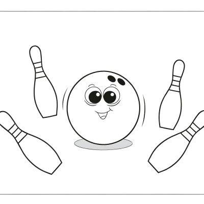 Cartoon bowling pins with faces being knocked down by bowling ball coloring page