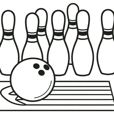 Cartoon bowling strike coloring page showing pins flying after being hit by bowling ball