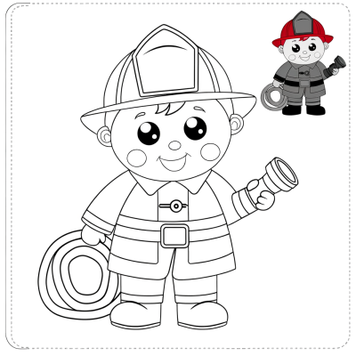 Cartoon firefighter coloring page showing brave firefighter in uniform holding fire hose
