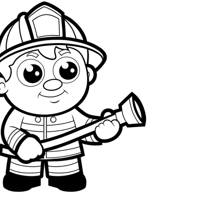 Cartoon firefighter in uniform holding fire hose coloring page