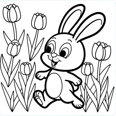Cartoon bunny hopping through field of tulips coloring page for kids