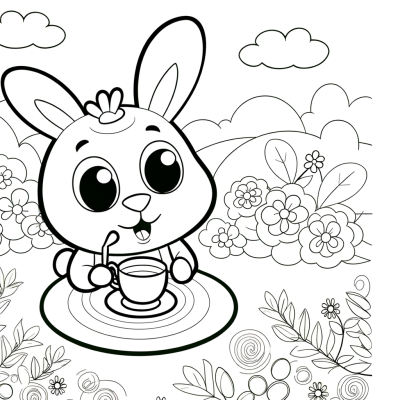 Cartoon bunny tea party coloring page with bunnies sitting around a table in a garden with flowers and teacups