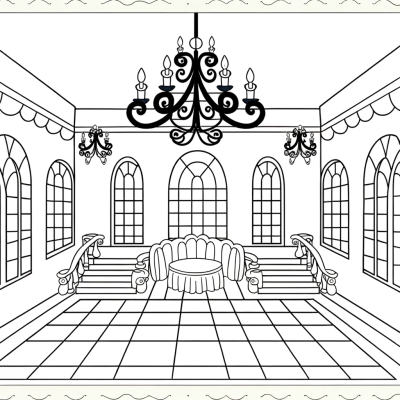 Cartoon castle ballroom coloring page with chandeliers hanging from ceiling and grand staircase