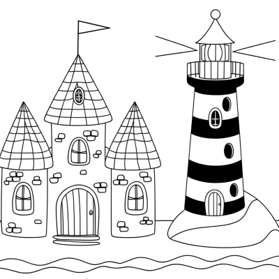 Cartoon castle by the sea with lighthouse tower coloring page for kids