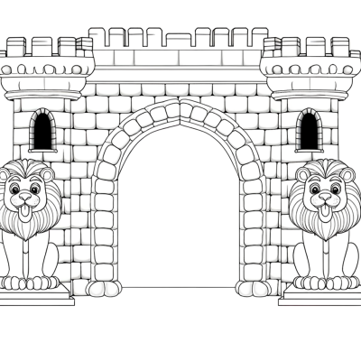 Coloring page showing a cartoon castle entrance with two stone lion statues on either side