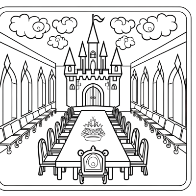 Coloring page of a cartoon castle great hall with long dining table and medieval decor