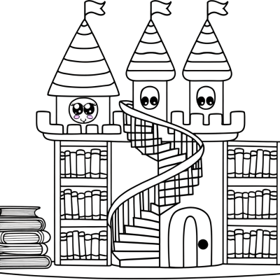 Cartoon castle library coloring page with spiral staircase and books on shelves