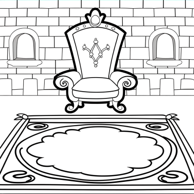 Cartoon castle throne room coloring page with royal throne and carpet