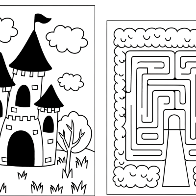 Cartoon castle coloring page with secret garden and hedge maze featuring towers, pathways and garden elements