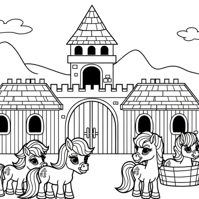 Cartoon castle coloring page with stables and royal horses for kids to color