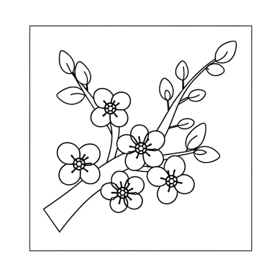 Cartoon cherry blossom branch coloring page with pink flowers and curved branches