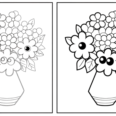 Cartoon style coloring page showing mixed flowers bouquet in vase with bold outlines
