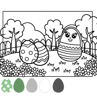 Cartoon Easter egg hunt coloring page showing decorated eggs hidden in a garden with flowers and plants