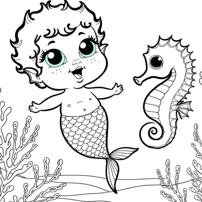 Coloring page of a cute cartoon baby mermaid playing with a smiling seahorse friend underwater