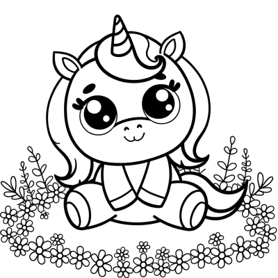 Cartoonlike cute baby unicorn with small horn in flower meadow
