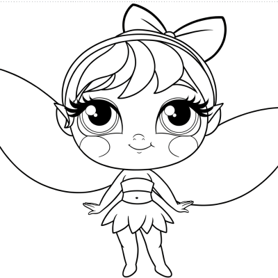 Cute chibi fairy coloring page with oversized head, big eyes, and cartoon style design