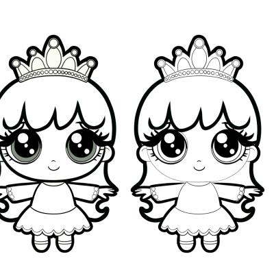 Cute chibi princess coloring page with big eyes and small crown for kids to color