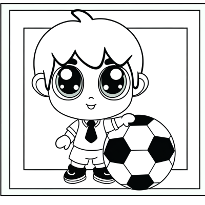 Cute chibi cartoon soccer player coloring page with ball for kids