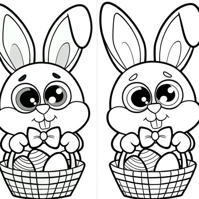 Cute cartoon Easter bunny holding basket of colored eggs coloring page