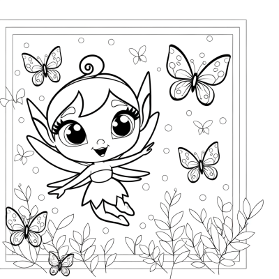 Coloring page showing a cute cartoon fairy flying among butterflies in a garden setting