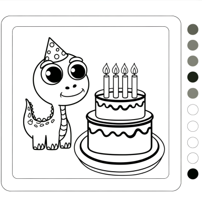 Cartoon dinosaur birthday cake coloring page with candles and decorative elements for kids to color