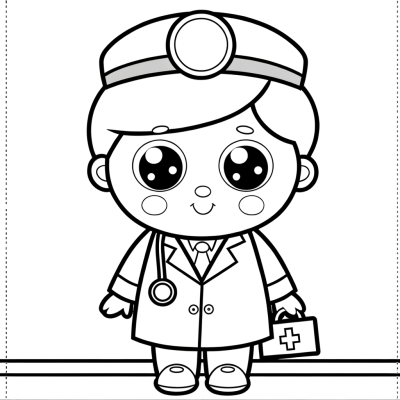 Cartoon doctor coloring page showing a smiling physician in white coat holding a stethoscope