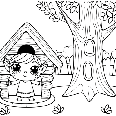 Coloring page of a cartoon fairy building a tiny house inside a tree hollow