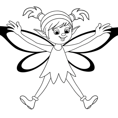 Cartoon fairy coloring page showing a graceful fairy flying with arms outstretched