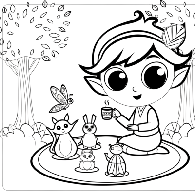 Coloring page of a cartoon fairy having a tea party with forest animals including rabbits, squirrels and woodland creatures