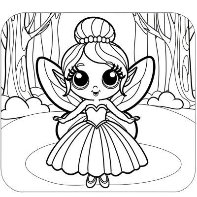 Cartoon fairy princess in elegant ballgown at woodland ball coloring page