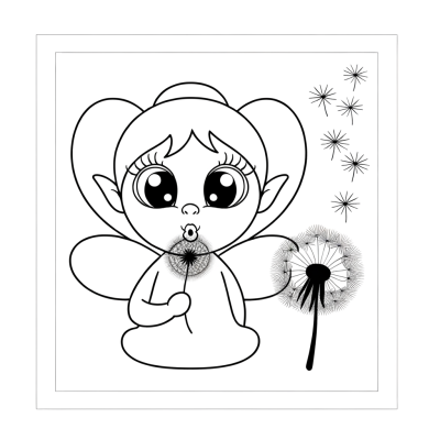 Cartoon fairy blowing dandelion seeds coloring page with magical wishes theme