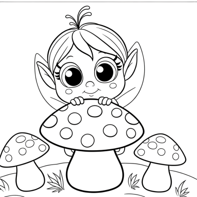 Cartoon fairy character peeking from behind a large spotted toadstool mushroom coloring page