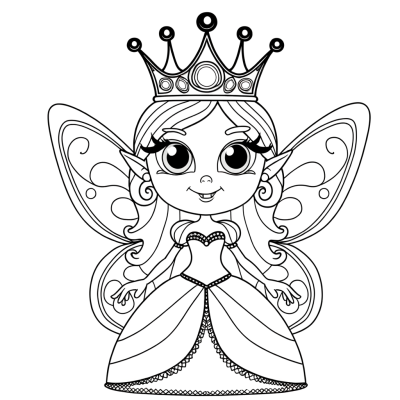Cartoon fairy queen coloring page with elaborate crown and royal dress for kids to color