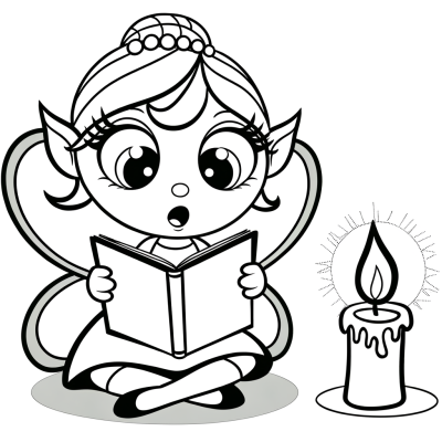 Cartoon fairy reading a small book by candlelight coloring page