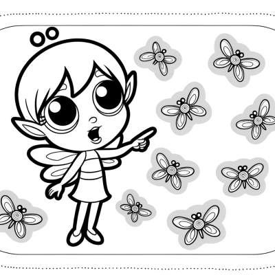 Cartoon fairy with fireflies sending light message coloring page